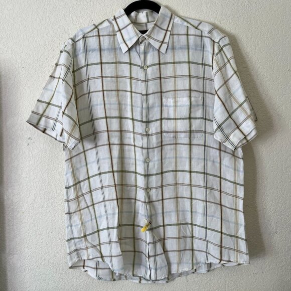 Tasso Elba Other - Tasso Elba Mens Medium Ivory Checked Linen Casual Button Up Shirt Short Sleeve